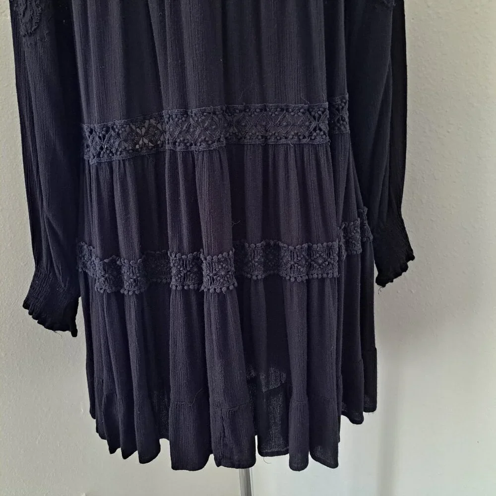 Free People Black Long Sleeve Tiered Lace Midi Dress